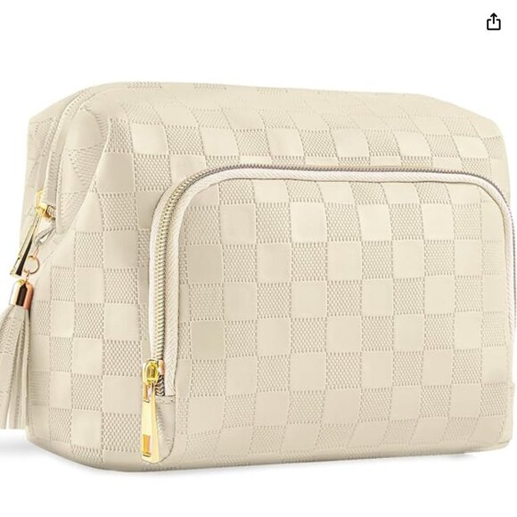 SuitShine Travel Makeup Bag Organizer PU Leather Checkered Cosmetic Bag - Picture 5 of 10